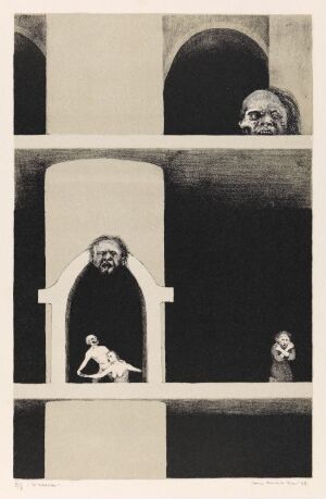  "Et tidsbilde," a color lithography on paper by Arne Bendik Sjur, featuring a vertical arrangement of dark arches, each containing a different figure: a partial face in shadow, a bearded man smirking, a cartoonish skeleton in a thoughtful pose, and a limp doll or marionette, all set against a light background, creating a contemplative artistic expression.
