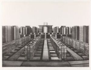  "En hyllest til våre vidsynte politikere - kapitalen - og planleggere IV" by Arne Bendik Sjur is a black and white fine art print showing a symmetrical view of a monochrome urban landscape with rows of uniform high-rise buildings and central architectural structures leading to a distinct central building, using drypoint etching on paper.