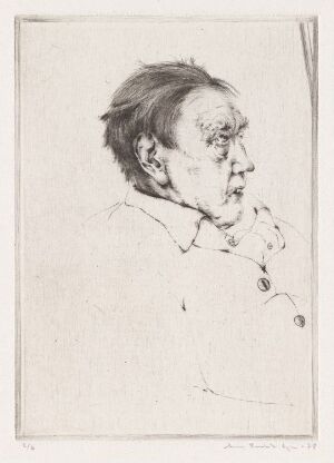  "Ola O. Lien" by Arne Bendik Sjur - A detailed, monochrome drypoint print on paper of an elderly man's profile showing intricate lines defining his aged features, deep creases, and thoughtful expression against a plain background.