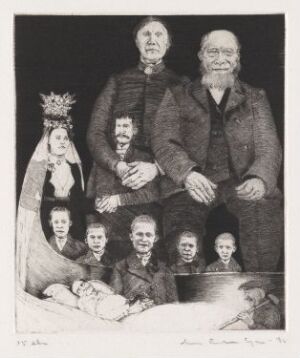  "Slektsbilde II," an etching by Arne Bendik Sjur, depicting a black-and-white family portrait with two elder figures at the top, a young woman with a crown in the center surrounded by seven children, and a small seascape with a ship at the bottom, showcasing intricate textures and evoking a historical atmosphere.