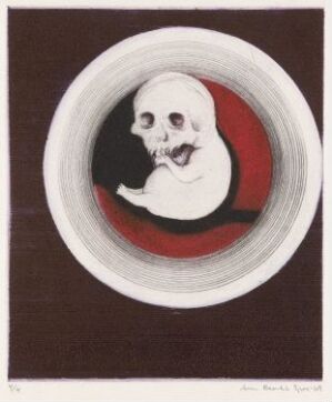  "Picture of a human being" by Arne Bendik Sjur, a color drypoint on paper fine art showing a simplified human skull centered within concentric circular patterns against a dark brown background.