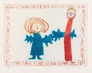  Fine art piece titled "To" on paper by Arne Bendik Sjur featuring two childlike figures drawn in a simplistic style with a girl in blue on the left and a boy in red on the right, surrounded by playful, nonsensical text in red on a pale-yellow background.