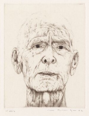  "Erindring av en fars ansikt" by Arne Bendik Sjur, a monochromatic drypoint etching on paper featuring a detailed frontal portrait of an elderly man's face with deep wrinkles and expressive eyes, surrounded by a generous white border.