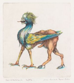  "Den stolte hane" by Arne Bendik Sjur, a hand-colored drypoint on paper visual art showing a whimsical creature with the hindquarters of a brown horse and the vibrant blue-green feathered body of a bird, illustrating a proud and fantastical animal against a plain white background.