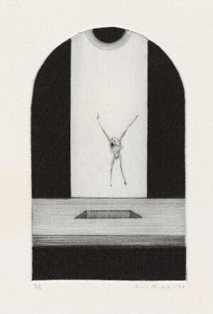  A minimalist, monochromatic drypoint engraving titled "Et fasadebilde - Bak er det åpne og det lukkede rom II" by Arne Bendik Sjur, featuring a large, arched shape with a vertical black stripe and a small, ethereal figure at its center, set above a darker grey horizontal platform with a black rectangular shape in the middle, capturing the essence of open and closed spaces.