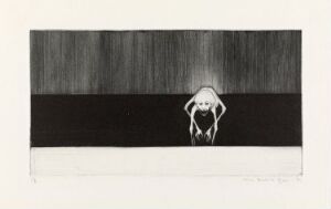  "De glemte stunder II" by Arne Bendik Sjur, depicting a monochrome etching with a textured gradient background and a stark, solid black horizon line. In the middle, a white humanoid figure is placed with hands raised to its head, set against the black. The artwork is made using drypoint etching on paper and expresses a contemplative or introspective mood.