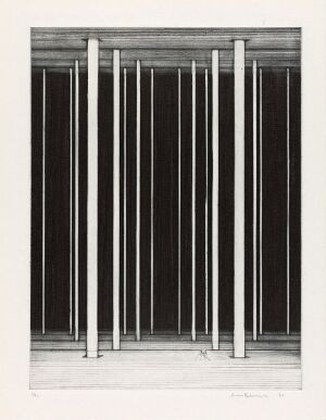  "Den voldsomme stillheten I" by Arne Bendik Sjur, a fine art print depicting an array of evenly spaced vertical columns or pillars against a dark background, creating a contrast and suggesting a quiet architectural space.