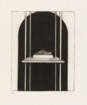  "Et fasadebilde - Bak er det åpne og det lukkede rom III," a drypoint engraving on paper by Arne Bendik Sjur, featuring slender vertical arched windows filled with darkness and a central, illuminated classical structure floating amidst the void, with the artist's signature and title written below.