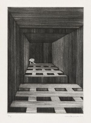  "Stille, innerst i et rom" by Arne Bendik Sjur, a monochromatic drypoint print on paper depicting an interior space with a checkerboard floor leading towards a small figure at the end of the room, enclosed by walls and ceiling with wood-like texturing.