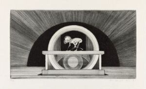  "Sirkelbildet" by Arne Bendik Sjur, a black and white drypoint print featuring a spherical object on a platform within a round, radiant tunnel, exuding an aura of depth and contemplation.