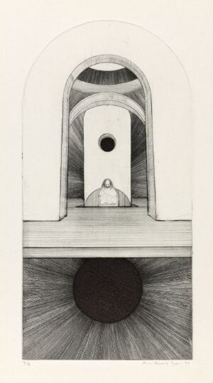  "Det lukkede og åpne rom" by Arne Bendik Sjur, a black and white drypoint print on paper showcasing an architectural series of diminishing archways with a prominent circle at the forefront, creating a tunnel-like effect with intricate light and shadow play.