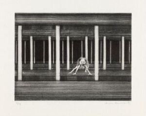  A monochromatic etching titled "Into the open" by Arne Bendik Sjur featuring a window-like structure with horizontal dark lines and evenly spaced vertical bars. At the center, there is a lighter, circular shape with eight lines radiating outwards, resembling either a sun or a stylized figure, offering a contrast against the dark background.