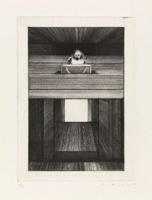 
 "Sitte fast. Et lyst rom" by Arne Bendik Sjur, a fine art drypoint on paper depicting a spherical object on a table in the center of an attic-like wooden paneled room with textured wood grain and interplay of light and shadow, rendered in monochromatic shades of black, white, and gray.