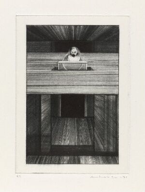  Monochromatic fine art print by Arne Bendik Sjur titled "Sitte fast. Et mørkt rom" featuring a stoic figure sitting at a desk in a dark room with wooden walls and floors, executed with a sense of depth and texture using drypoint on paper.