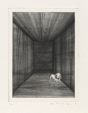 "Kommet løs" by Arne Bendik Sjur, a drypoint on paper artwork depicting a three-dimensional perspective of a wooden room with a small skeletal figure of a four-legged animal, possibly a dog, in the center. The image is rich in texture, showcasing detailed