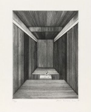  "En hopper" by Arne Bendik Sjur, a black and white drypoint print on paper showing a perspective view of a wooden room with a small figure jumping at the far end, under a rectangular patch of light, creating a sense of depth and motion.