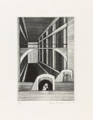  "Kommer fram, i et lukket rom" by Arne Bendik Sjur is a drypoint print depicting a complex interior with beams and arches in grayscale, featuring a small, solitary figure in a central archway, conveying depth, structure, and a hint of narrative within a confined space.
