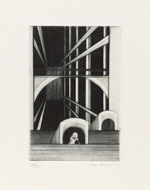  "Et veldig, åpent rom" by Arne Bendik Sjur, a black and white fine art print depicting a large architectural space with an intricate arrangement of beams and supports, demonstrating strong contrast and depth through its use of light and shadow in a drypoint technique on paper.