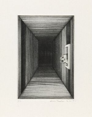  Black and white drypoint print "Titte inn, mørkt" by Arne Bendik Sjur, depicting a dark, narrow, and textured corridor receding into the distance with a slightly open door on the right, embodying a sense of depth and mystery.