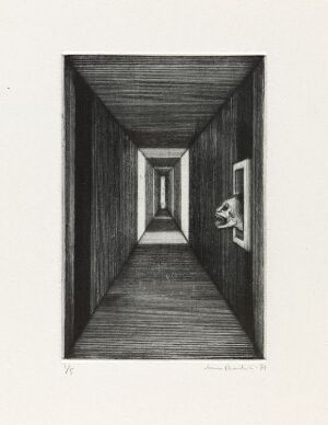  "Titte ut" by Arne Bendik Sjur is a black and white drypoint on paper, showing a deep perspective view of a narrow corridor converging in the distance with textured walls and a framed picture on the right side, creating a sense of depth and mystery.