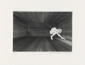  "Voldsomme bevegelser. Han skriker" by Arne Bendik Sjur, a drypoint on paper depiction of a dynamic, monochromatic figure in an abstract, tunnel-like space, suggesting intense movement or a scream, using stark black-and-white contrast.