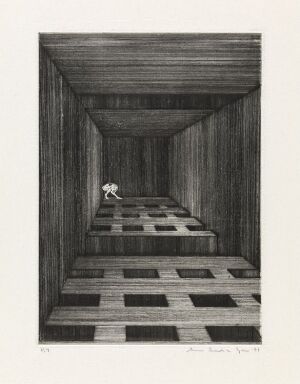  "Stille, innerst i et rom" by Arne Bendik Sjur, a monochromatic drypoint etching on paper depicting a narrow wooden room with a checkerboard floor and a solitary figure seated at the far end facing away from the viewer, creating a contemplative atmosphere.