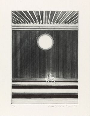  "Dans I" by Arne Bendik Sjur, a drypoint on paper artwork depicting two stylized figures possibly engaged in a dance, set against a grand backdrop with a large, glowing orb at the top emitting radial lines, surrounded by horizontal bands of shading representing a floor or steps, all in shades of black, white, and grey.