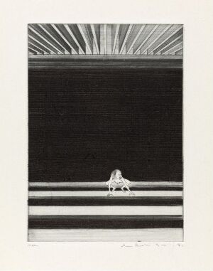  "Dans II" by Arne Bendik Sjur, a drypoint on paper artwork showing a radiant burst of white lines from the top, a vast dark space beneath, and a solitary white figure that suggests a dancer on a platform or steps, all in a monochromatic black and white color scheme.