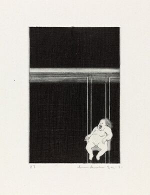  "Hva lever han av?" by Arne Bendik Sjur, a drypoint print on paper featuring rich, velvety lines typical of the intaglio printmaking technique, with strong contrasts possibly depicting a nuanced, textural scene.