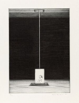  "Fra rom gjennom rom" by Arne Bendik Sjur, a fine art drypoint print on paper, depicting an abstract interior space with a light inner rectangle containing a small pedestal with a round disk at its base and a thin line extending upwards, all against a darker background suggestive of room walls and shadow.