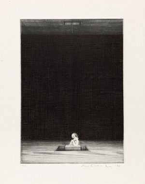  "Stille" by Arne Bendik Sjur, a fine art drypoint depicting a solitary figure seated at the bottom of a vast dark expanse on paper, embodying a monochromatic study of solitude and silence with stark contrast between light and darkness.