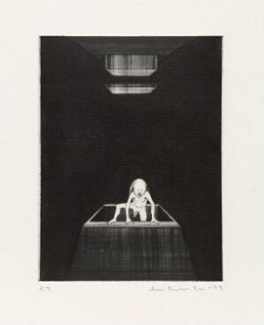  "Beveger seg" - a monochrome drypoint print by artist Arne Bendik Sjur, depicting a solitary figure seated under a radiant skylight or light fixture, enveloped in deep shadows on a contrasting illuminated area which suggests introspection and serenity.