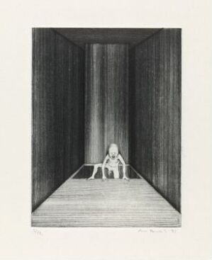 "Fri i rommet," a monochromatic drypoint print on paper by Arne Bendik Sjur, showing a three-dimensional box-like space with textured walls and a reflective floor. In the center sits a small, doll-like figure, creating a focal point within the otherwise vacant room.