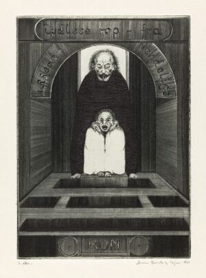  A black and white drypoint print on paper by Arne Bendik Sjur titled "Tittelbilde" depicting two solemn figures within an arched chamber, with one seated in the center facing the viewer and the other standing in the background, surrounded by inscribed architectural details and a chequered floor.