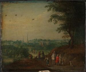  "Summerlandscape" by Peeter Gysels, an oil painting on wood depicting a verdant, rolling countryside with a group of small figures in period attire on a path, a large leafy tree to the left, and a distant village below a soft blue sky with flying birds.