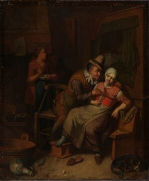  "Loving Couple," an oil painting on wood by Frans Decker, featuring a man whispering into the ear of a reclining woman dressed in deep red, in a dimly lit room, with another figure in the background near a fireplace and an overturned jug and plate in the foreground.