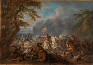  "Fight between Horsemen" by Pieter van Bloemen is an oil on paper artwork depicting a chaotic battle scene with horsemen clashing in combat, against a backdrop of a stormy sky, with a large tree to the left and softer landscape features to the right.