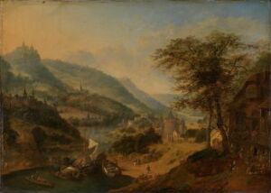  "Landscape from the Rhine" by Jan Griffier (I), a painting on wood showcasing a pastoral scene with a fortified hill, a winding river with boats, rustic buildings, and a verdant tree under a soft blue sky.