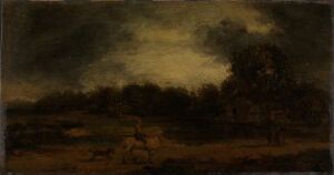  "Landscape with a horseman" - An oil painting on wood depicting a dark and atmospheric landscape at either dusk or dawn with a lone horseman in the foreground, set against a backdrop of silhouetted trees and an overcast sky with a subtle light breaking through the clouds, crafted by an unknown artist.