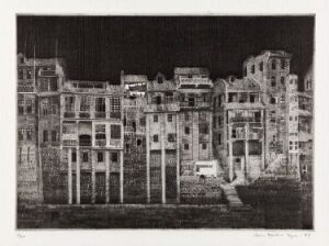  "Urby ved floden II" by Arne Bendik Sjur, a black and white drypoint print showing a detailed row of classical buildings along a riverbank with a rich interplay of light and shadow.