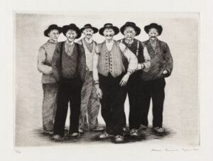  Black and white artwork by Arne Bendik Sjur titled "Rallare VII" features seven men in early 20th-century work attire standing side by side with varying expressions and poses. The cold needle technique on paper emphasizes texture and shading in their clothes and hats, against a plain background.