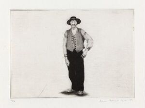  Monochromatic drypoint print "Rallare IV" by Arne Bendik Sjur featuring a male figure in vintage or work attire, including a wide-brimmed hat, rolled-up sleeves, buttoned vest, trousers, and boots, standing confidently centered on the paper with minimal background detail.