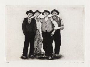  "Rallare V" by Arne Bendik Sjur, a black and white drypoint etching on paper, showcasing a group of five friendly-looking historical male workers in early 20th-century attire, standing closely together with various expressions of contentment and contemplation.