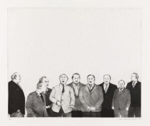  "Våre daglige ledere IV" by Arne Bendik Sjur, a monochromatic fine art print featuring a lineup of stylized male figures in suits with varying expressions, created using the drypoint on paper technique.