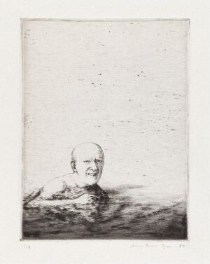  "Far, hvorfor fikk vi aldri kjenne kroppen din! II" by Arne Bendik Sjur, a black and white drypoint on paper showing a person's head and shoulders emerging from water, with a serious expression, amidst fine textured lines suggesting water ripples.