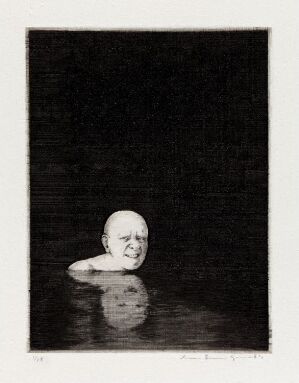  A black and white fine art print titled "Far, hvorfor fikk vi aldri kjenne kroppen din! III" by Arne Bendik Sjur, depicting an anguished human head emerging from dark water against a pitch-black background, with a reflection visible on the water's surface.
