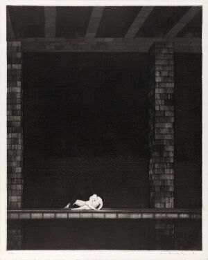  "Så lenge det spinn liv, så seg ikkje aldrig VI" by Arne Bendik Sjur, a monochromatic drypoint print on paper, illustrating a small, isolated figure lying on the ground within a dark, architectural setting, surrounded by textured brick walls and shrouded in shadows, conveying a sense of solitude and contemplation.