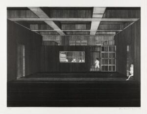  "Kort besøk i virkeligheten" by Arne Bendik Sjur is a black-and-white fine art print depicting a perspective view of an architectural interior with deep shadows and sharp contrasts. It features parallel ceiling beams leading to a central opening framed by darkness, where one figure stands distantly and another is seated in contemplation, evoking a sense of quietude