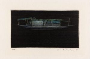  "Kinesisk husbåt IV" by Arne Bendik Sjur, a hand-colored drypoint image on paper depicting a Chinese houseboat in muted greens, blues, and greys against a dark background, conveying a serene nocturnal scene.