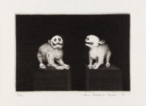  "Angst, aggresjon - gjenholdenhet IV" by Arne Bendik Sjur, a black and white drypoint print on paper depicting two stylized, anthropomorphic creatures resembling a fusion of primate and canid, displaying contrasting emotions of curiosity and aggression.